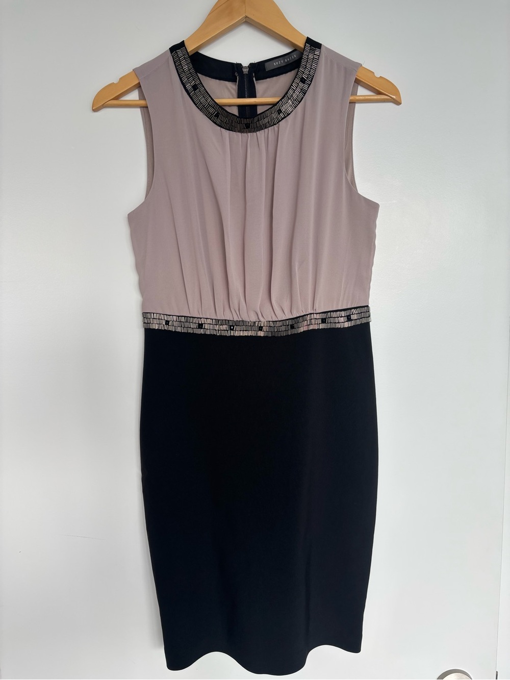 Suzy Shier 14” PTP Two-Tone Beaded Neckline Midi Dress, Cream/Black, Size Small.